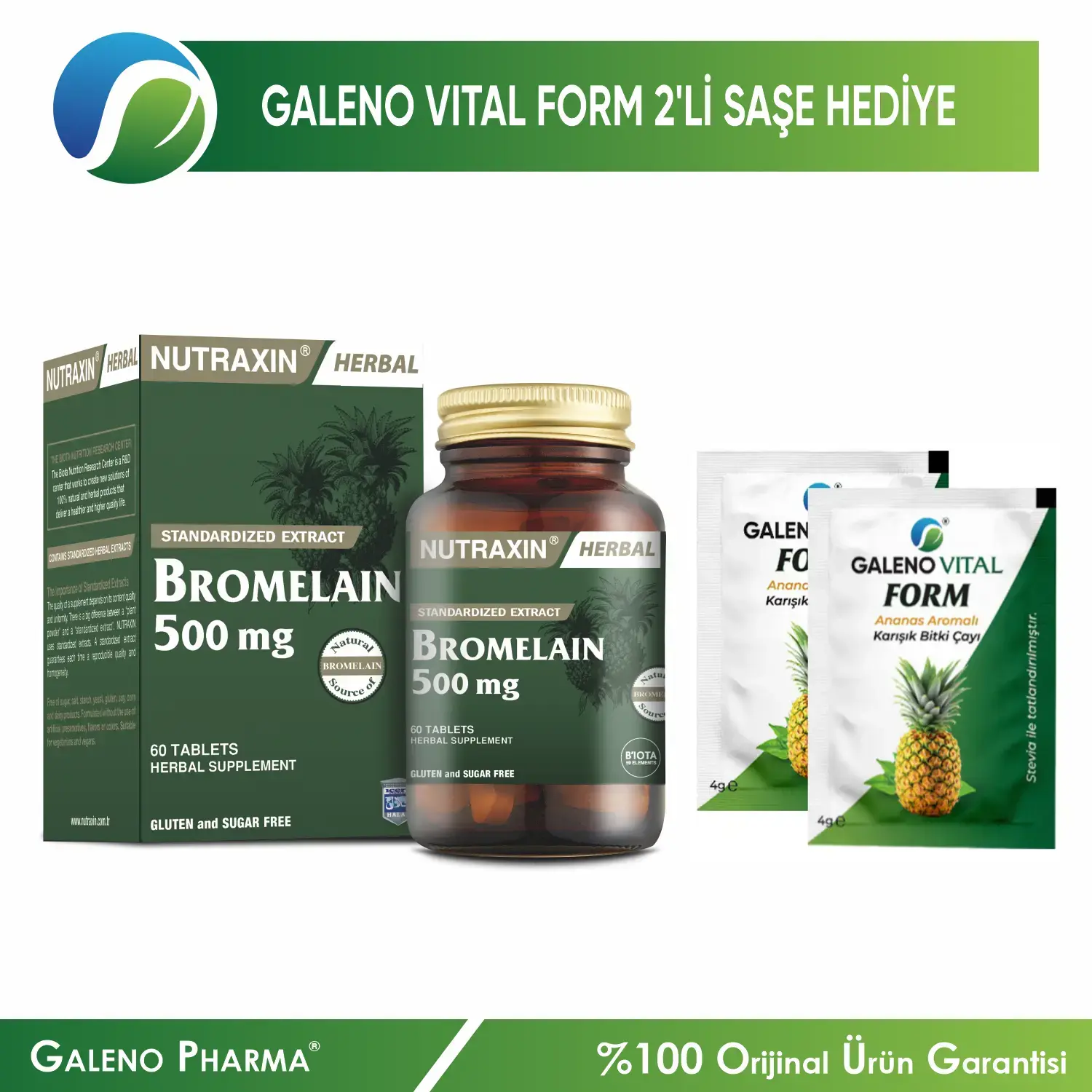 Nutraxin Herbal Bromelain 500mg 60 Tablet+Galeno Vital 2’li Saşe Hediyeli