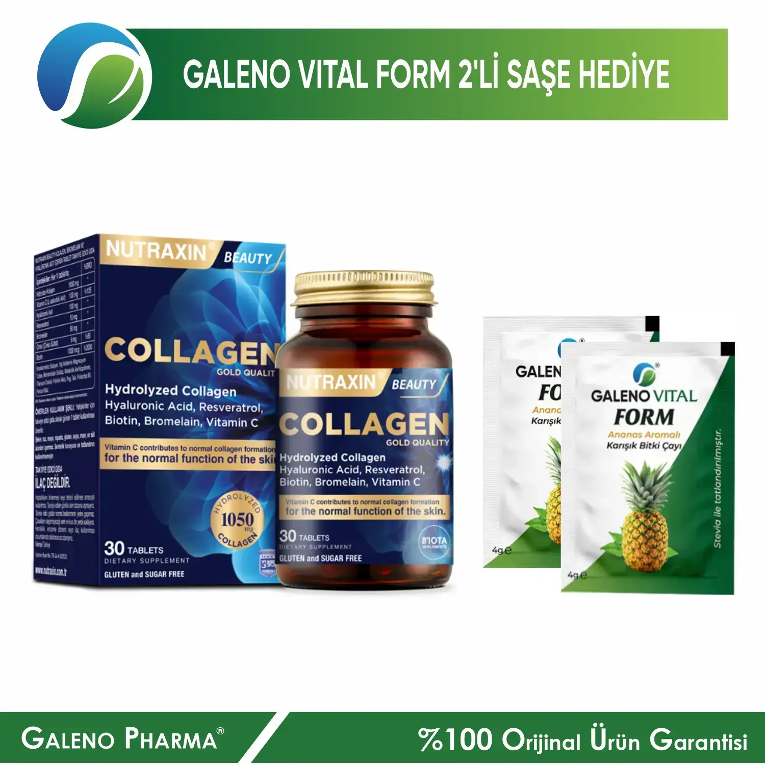 Nutraxin Beauty Hidrolize Collagen Tablet+Galeno Vital 2’li Saşe Hediyeli