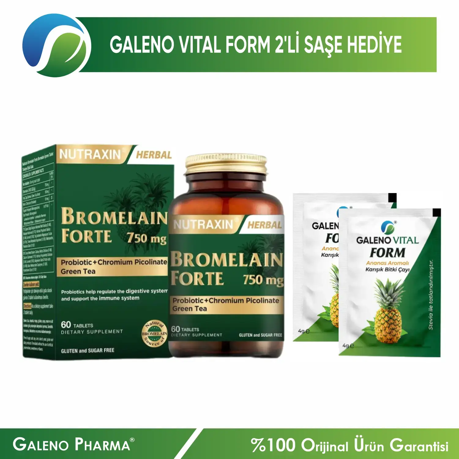 Nutraxin Bromelain Forte 750 mg+Galeno Vital 2’li Saşe Hediyeli