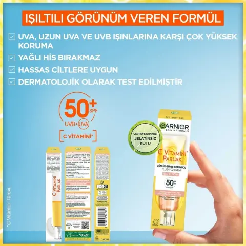 Garnier C Vitamini Parlak Günlük Güneş Koruyucu Yüz Kremi Işıltılı Doku SPF50⁺  40 mL