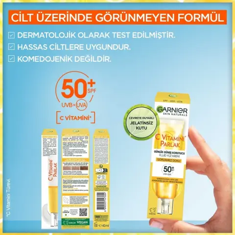 Garnier C Vitamini Parlak Günlük Güneş Koruyucu Yüz Kremi Görünmez Doku SPF50⁺  40 mL