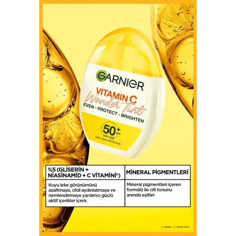 Garnier C Vitamini Wonder Tint SPF50+ 3 Etki 1 Arada Renkli Yüz Güneş Kremi Açık Ton 40 mL