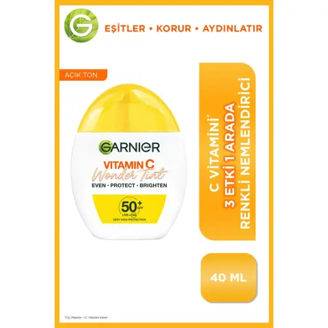 Garnier C Vitamini Wonder Tint SPF50+ 3 Etki 1 Arada Renkli Yüz Güneş Kremi Açık Ton 40 mL