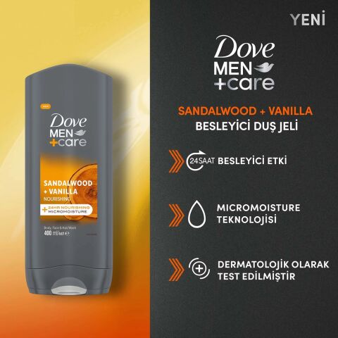 Dove Men +Care 3 in 1 Sandalwood + Vanilla Besleyici Duş Jeli 400 mL