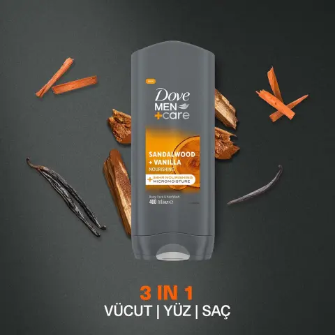 Dove Men +Care 3 in 1 Sandalwood + Vanilla Besleyici Duş Jeli 400 mL
