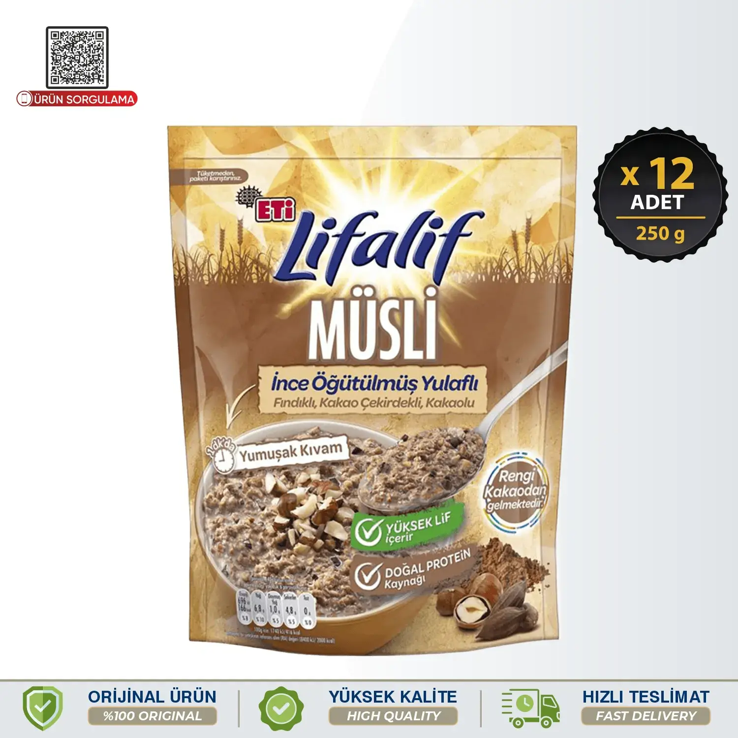 Eti Lifalif İnce Öğütülmüş Yulaflı, Fındıklı, Kakao Çekirdekli, Kakaolu Müsli 250 g 12 Adet