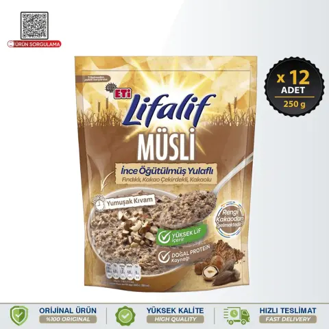 Eti Lifalif İnce Öğütülmüş Yulaflı, Fındıklı, Kakao Çekirdekli, Kakaolu Müsli 250 g 12 Adet