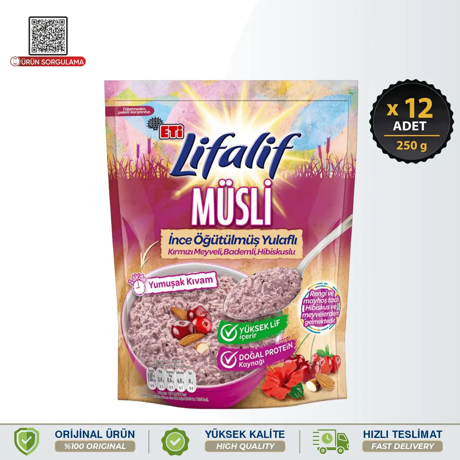 Eti Lifalif İnce Öğütülmüş Yulaflı, Kırmızı Meyveli, Bademli, Hibiskuslu Müsli 250 g 12 Adet