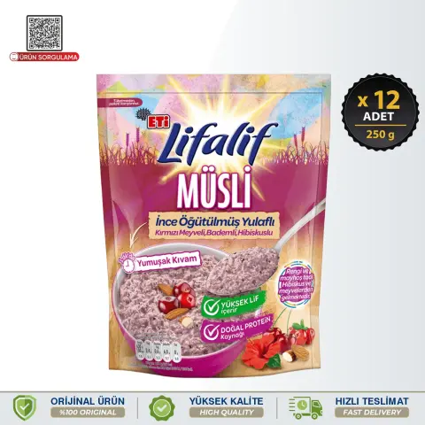 Eti Lifalif İnce Öğütülmüş Yulaflı, Kırmızı Meyveli, Bademli, Hibiskuslu Müsli 250 g 12 Adet